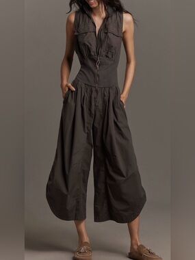 Anthropologie Warm Charcoal Utility Wide-Leg Sleeveless Jumpsuit
